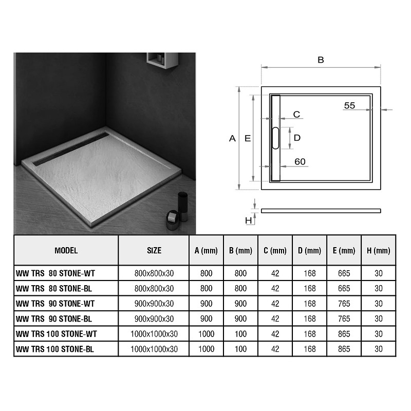 Душевой поддон WeltWasser WW TRS 80 STONE-WT 80х80 см белый с сифоном