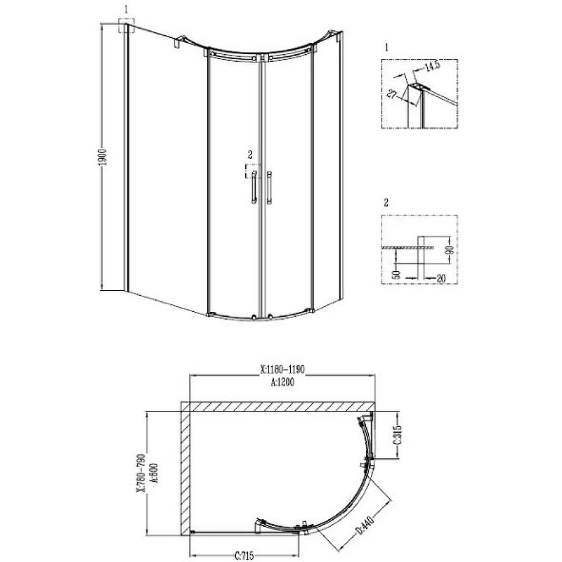 Душ.ограждение GR-4120L Galaxy 120*80*190 двери раздвижные 2 места