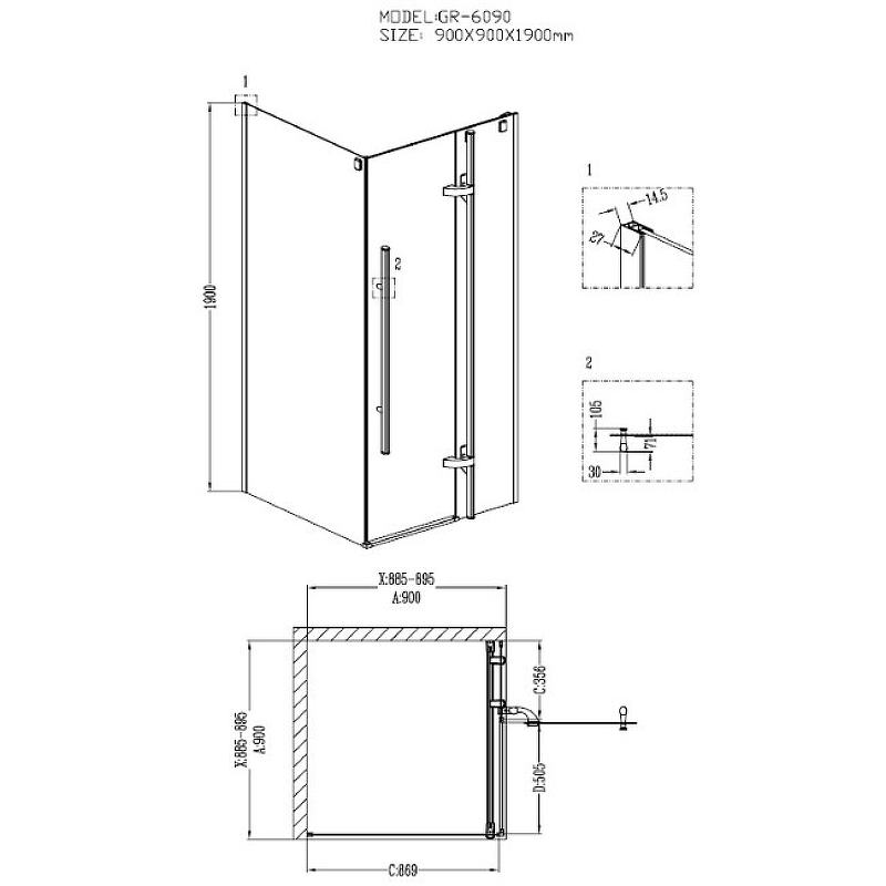 Душ.ограждение GR-6090 Style 90*90*190 квадрат, дверь распашная 2 места