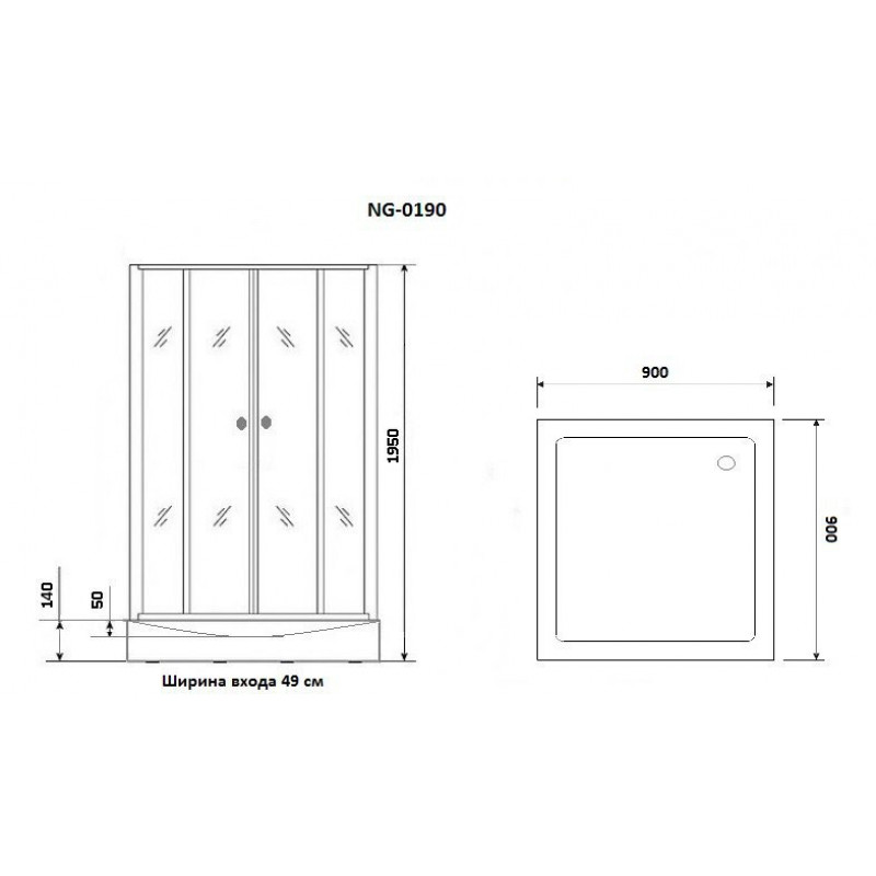 Душевой уголок NG-0190-14 (900х900х1950), стекло прозрачное, 2 места