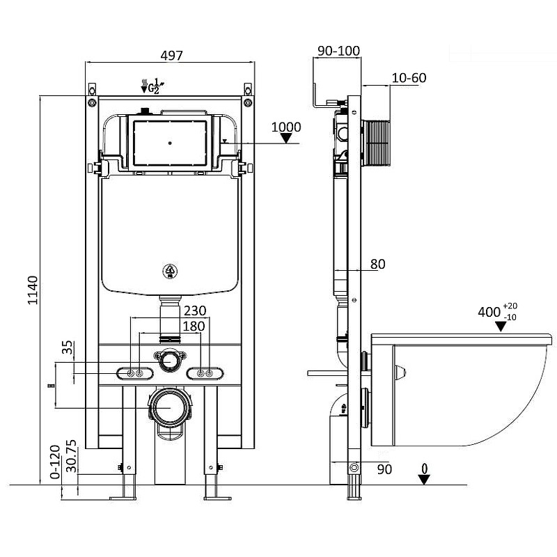 Инсталляция для подвесного унитаза с белой кнопкой WW AMBERG 497 WT