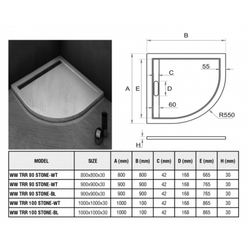 Душевой поддон WeltWasser WW TRR 90 STONE-BL 90х90 см черный с сифоном