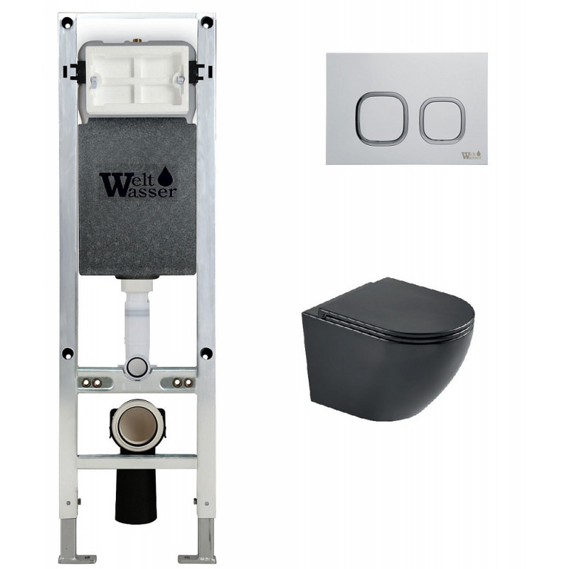 Унитаз с инсталляцией WeltWasser и кнопкой смыва (AMBERG 350 ST + HEIMBACH 043 MT-BL + AMBERG RD-WT)
