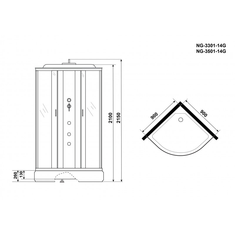Душевая кабина Niagara NG-3501-14G размер 90*90*215 см, средний поддон 26 см