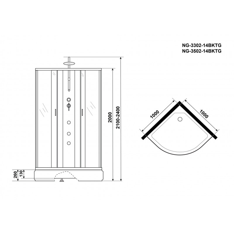 Душевая кабина Niagara NG-3302-14BKTG, размер 100*100*210 см, средний поддон 26 см