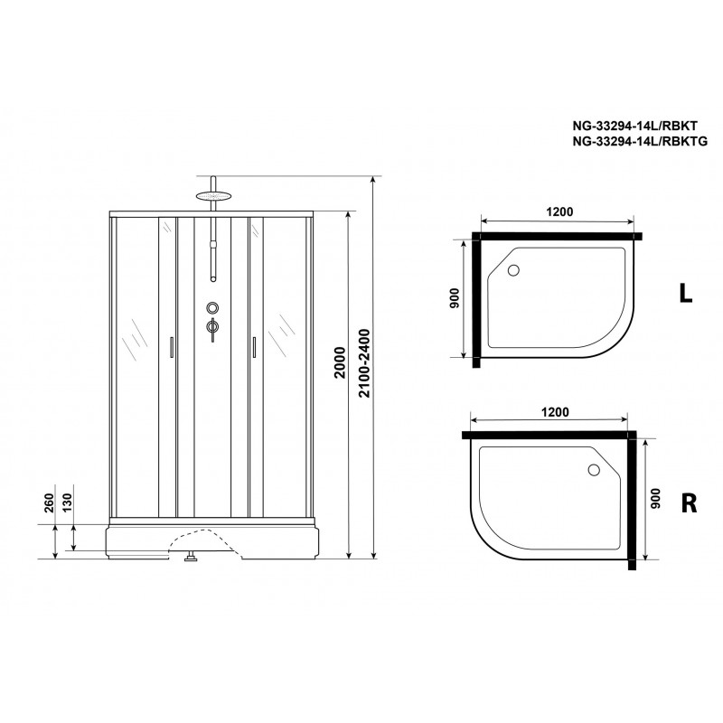 Душевая кабина Niagara NG-33294-14RBKTG размер 120*90*210 см, средний поддон 26 см