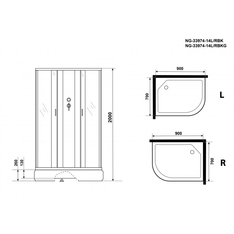 Душевая кабина Niagara NG-33974-14LBKG размер 90*70*200 см, средний поддон 26 см