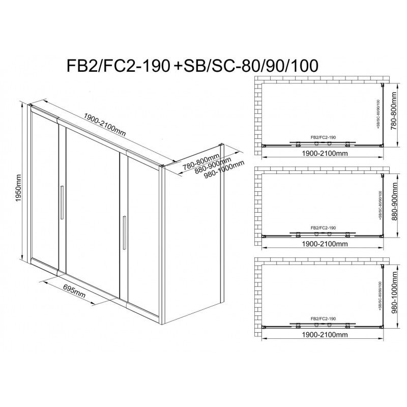 Душевой уголок DETO FC2 190-210 + SC100