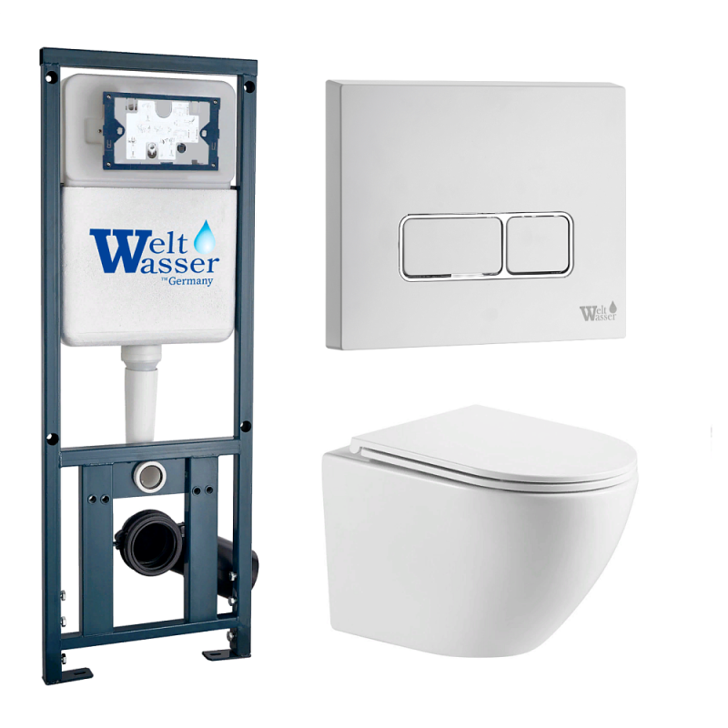 Унитаз с инсталляцией WeltWasser и кнопкой смыва (MARBERG 410 + MERZBACH 041 XL GL-WT + MAR 410 SE GL-WT)